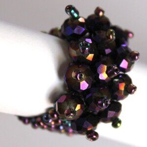 Dark Purple Aurora Borealis Faceted Crystal Seed Bead One Size Stretch Ring 7-10